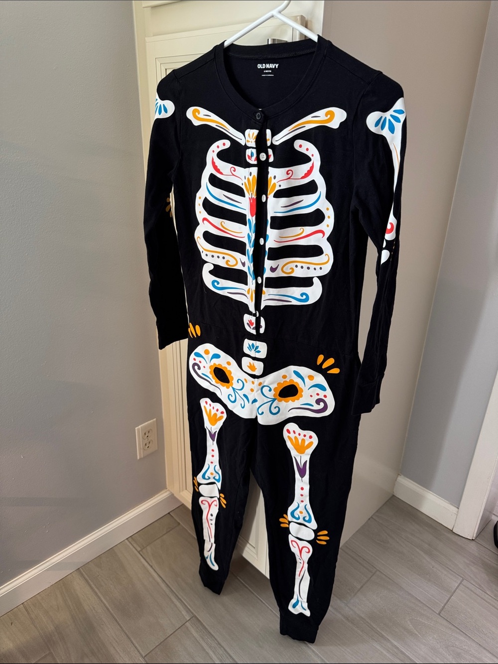 Old Navy Black womens Skeleton One-Piece Pajamas or Halloween Costume. Petite/SM